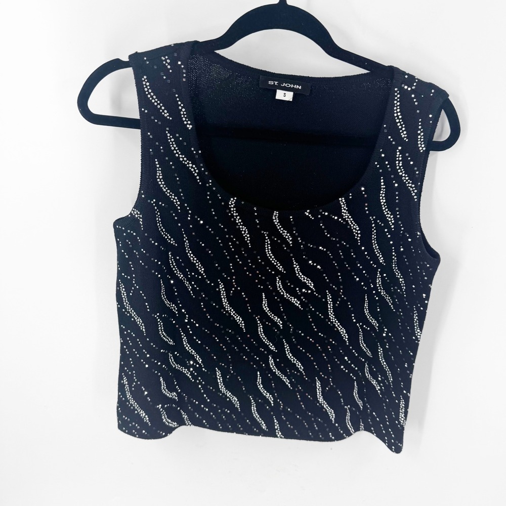 St John Womens Black Knit Rhinestone Embellished Sleeveless Shell Top Small